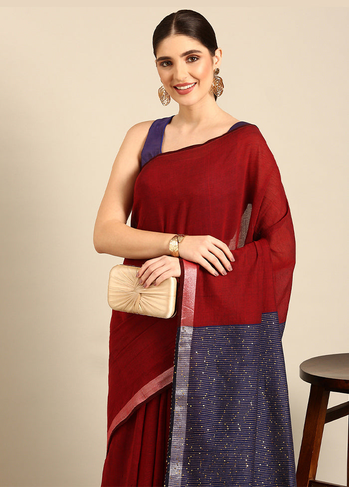 Maroon Navy Sequins Cotton  Saree without Blouse Piece