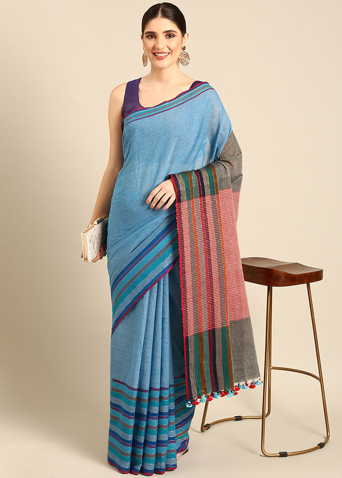 Blue Pure Cotton Saree With Blouse Piece