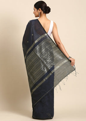 Navy blue Dupion Pure Silk Saree With Blouse Piece