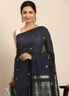 Navy blue Dupion Pure Silk Saree With Blouse Piece