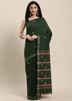 Bottle Green Pure Cotton Saree With Blouse Piece