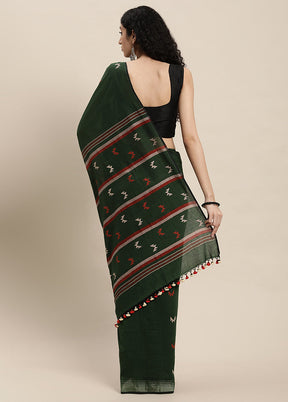 Bottle Green Pure Cotton Saree With Blouse Piece