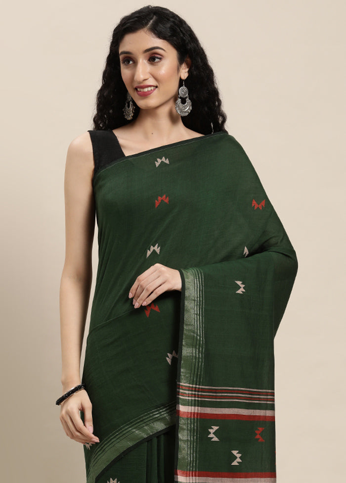 Bottle Green Pure Cotton Saree With Blouse Piece