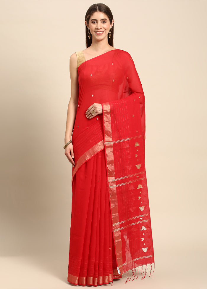 Red Pure Cotton Saree With Blouse Piece