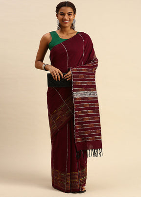 Maroon Pure Cotton Saree With Blouse Piece