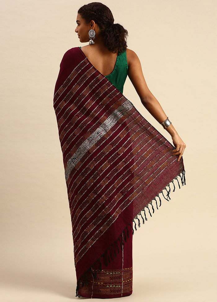 Maroon Pure Cotton Saree With Blouse Piece