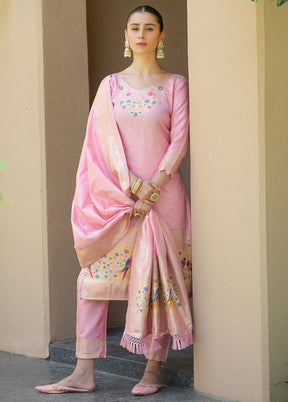 3 Pc Baby Pink Unstitched Silk Suit Set