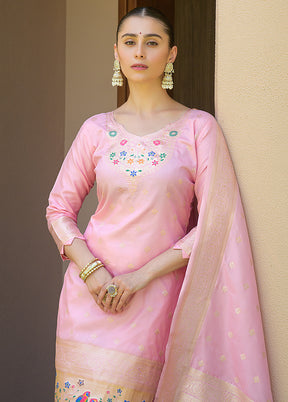 3 Pc Baby Pink Unstitched Silk Suit Set