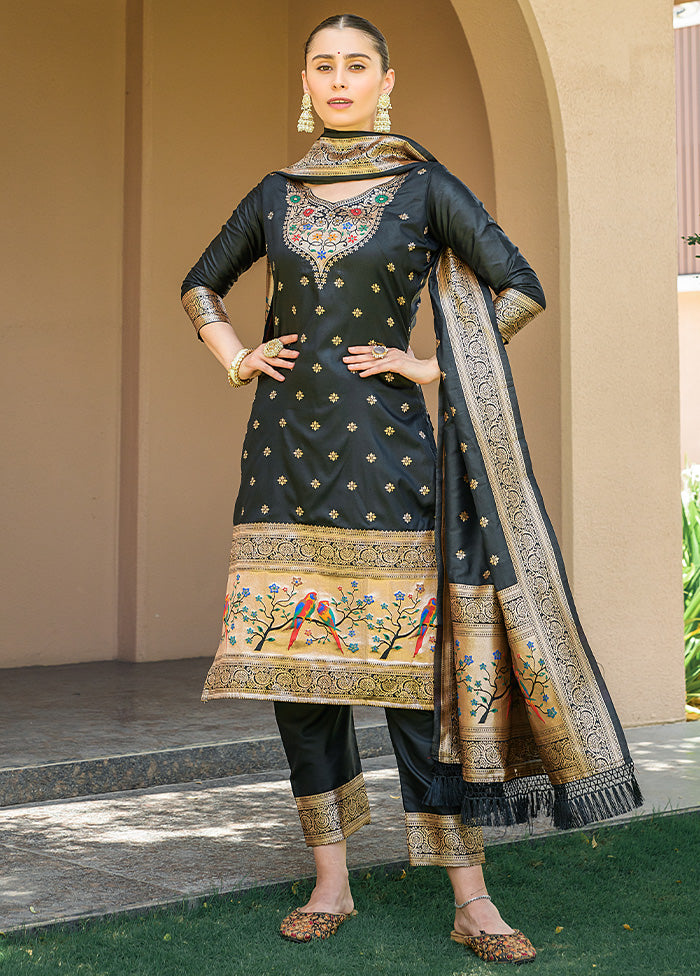 3 Pc Black Unstitched Silk Suit Set