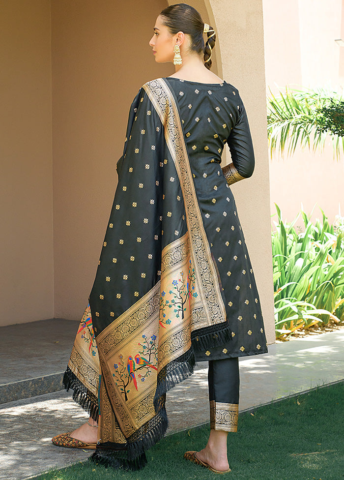 3 Pc Black Unstitched Silk Suit Set