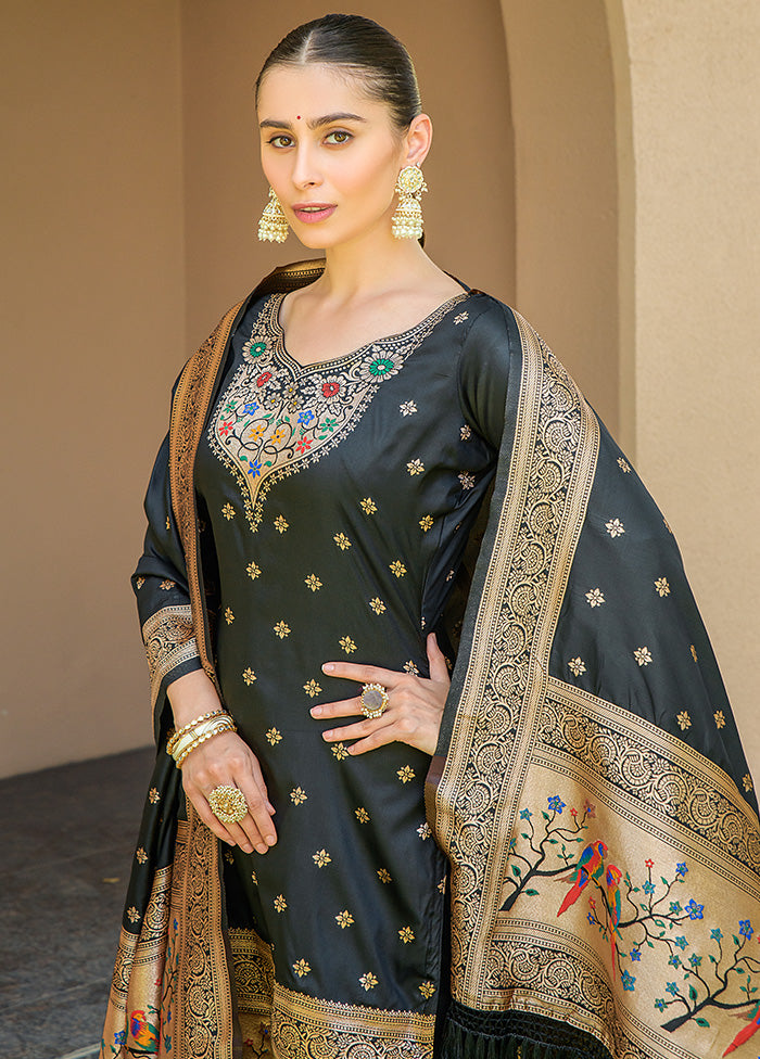 3 Pc Black Unstitched Silk Suit Set