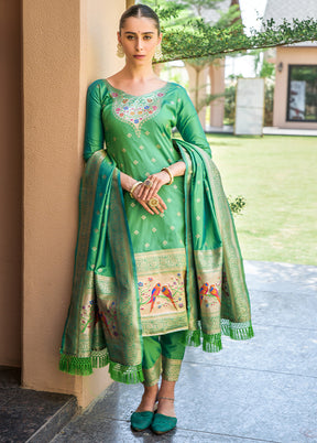 3 Pc Green Unstitched Silk Suit Set