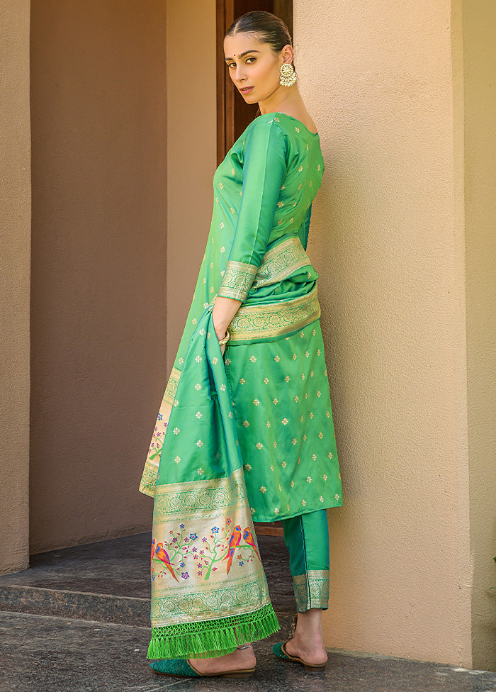 3 Pc Green Unstitched Silk Suit Set