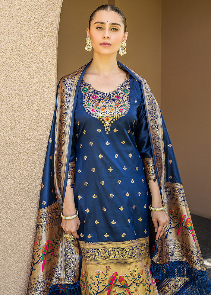 3 Pc Navy Blue Unstitched Silk Suit Set