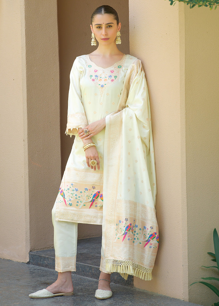 3 Pc Off White Unstitched Silk Suit Set