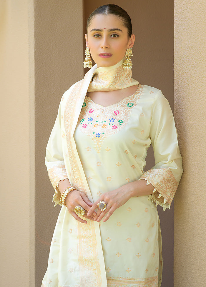 3 Pc Off White Unstitched Silk Suit Set