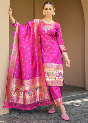 3 Pc Pink Unstitched Silk Suit Set