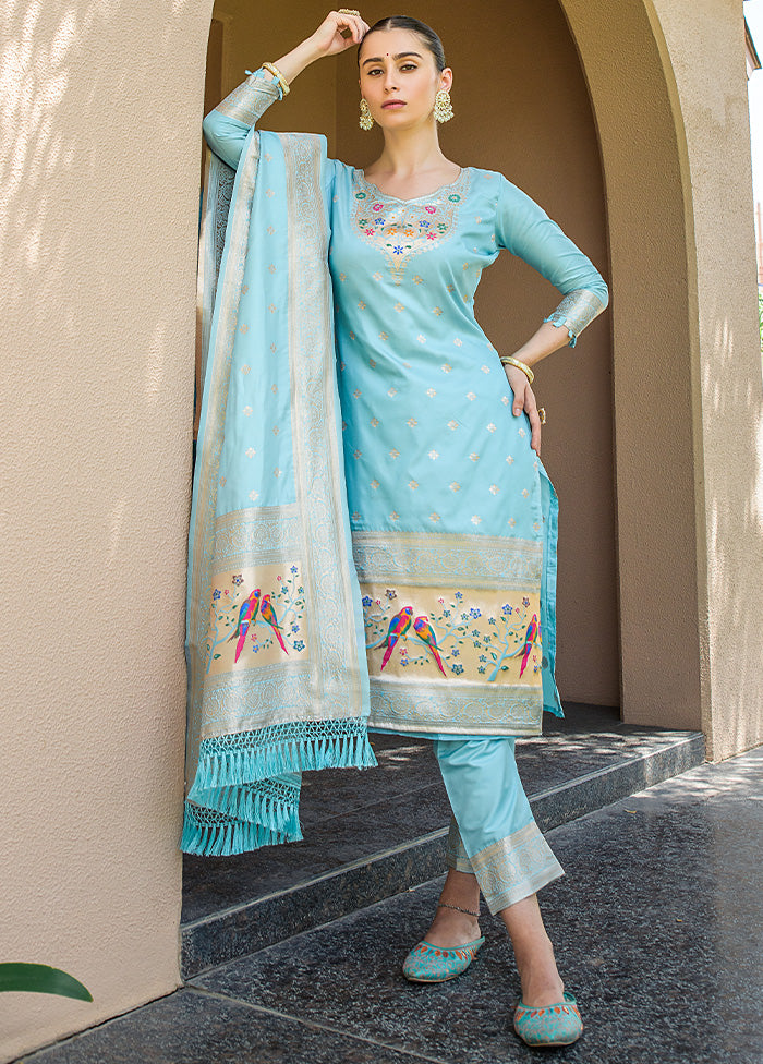 3 Pc Sky Blue Unstitched Silk Suit Set