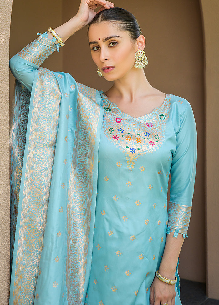 3 Pc Sky Blue Unstitched Silk Suit Set