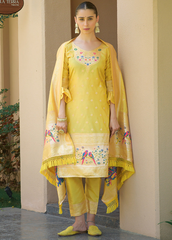 3 Pc Yellow Unstitched Silk Suit Set