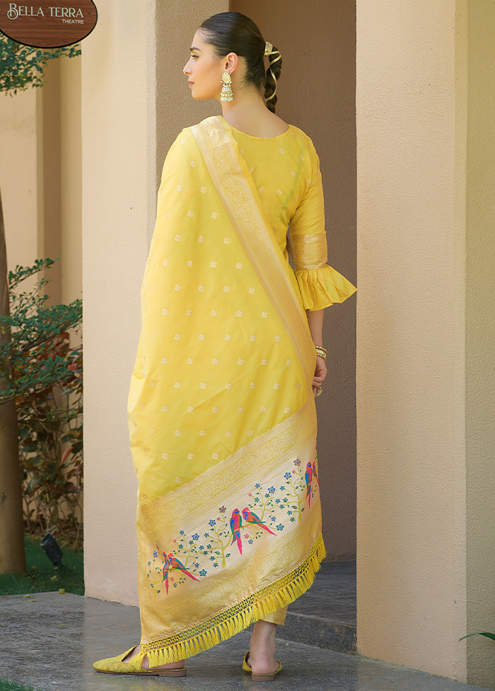 3 Pc Yellow Unstitched Silk Suit Set