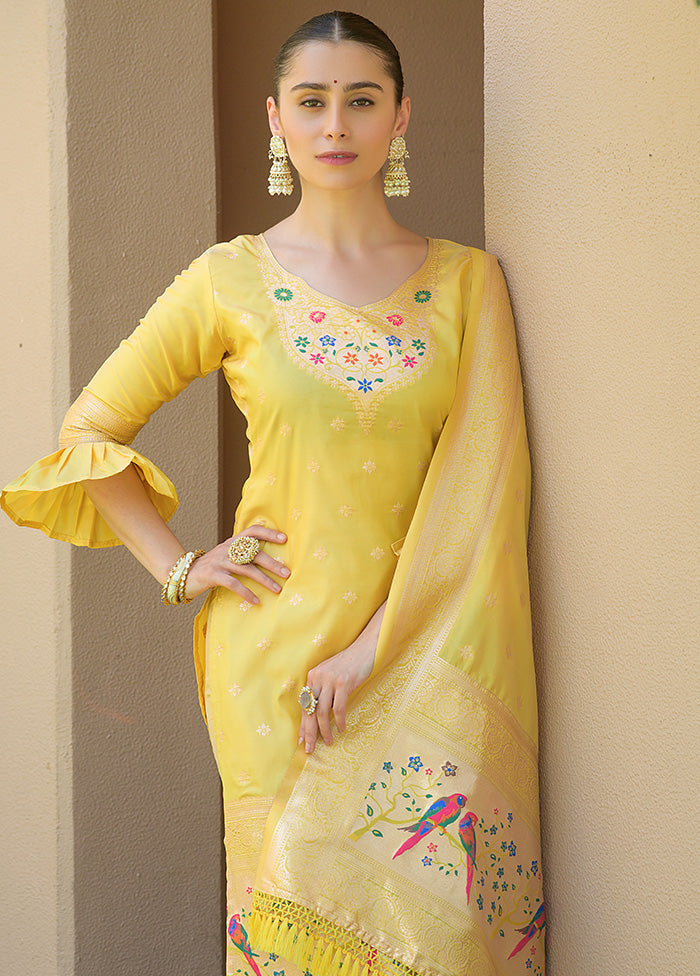 3 Pc Yellow Unstitched Silk Suit Set