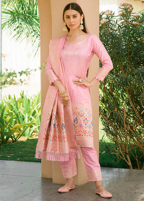 3 Pc Baby Pink Unstitched Silk Suit Set