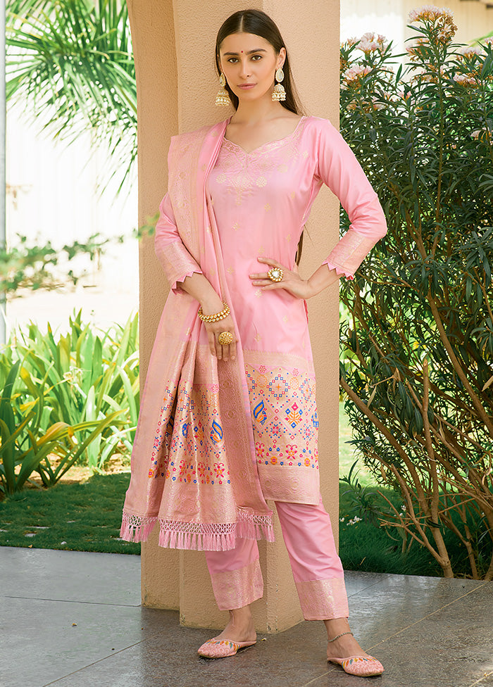 3 Pc Baby Pink Unstitched Silk Suit Set