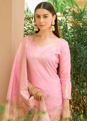 3 Pc Baby Pink Unstitched Silk Suit Set