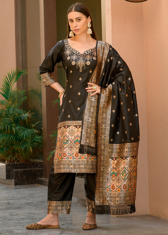 3 Pc Black Unstitched Silk Suit Set