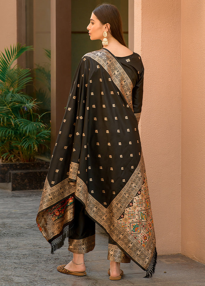 3 Pc Black Unstitched Silk Suit Set