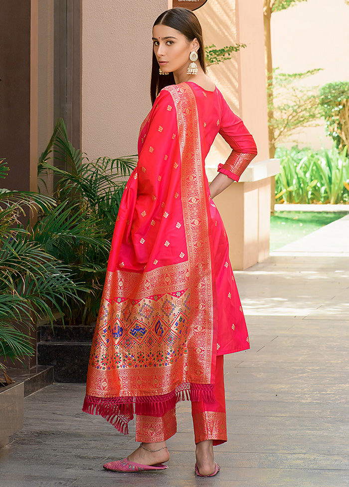 3 Pc Orange Unstitched Silk Suit Set