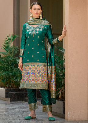 3 Pc Green Unstitched Silk Suit Set