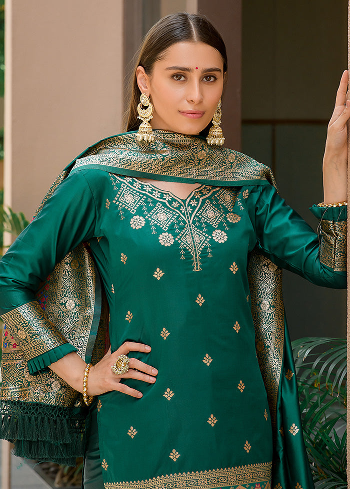 3 Pc Green Unstitched Silk Suit Set