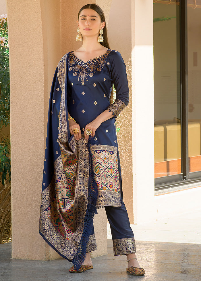 3 Pc Navy Blue Unstitched Silk Suit Set