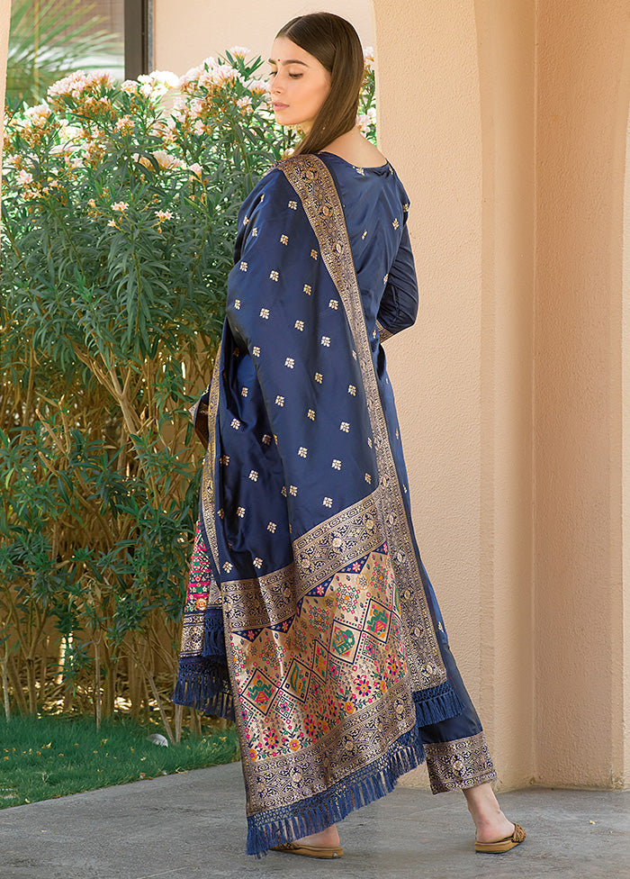 3 Pc Navy Blue Unstitched Silk Suit Set