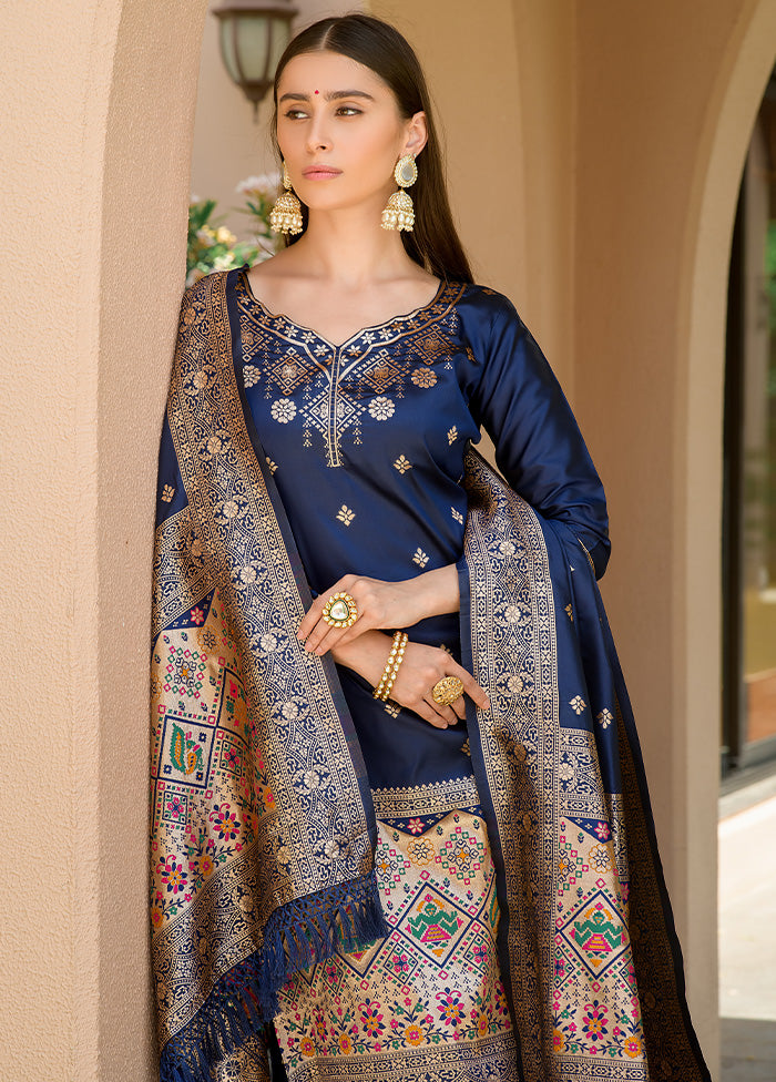 3 Pc Navy Blue Unstitched Silk Suit Set