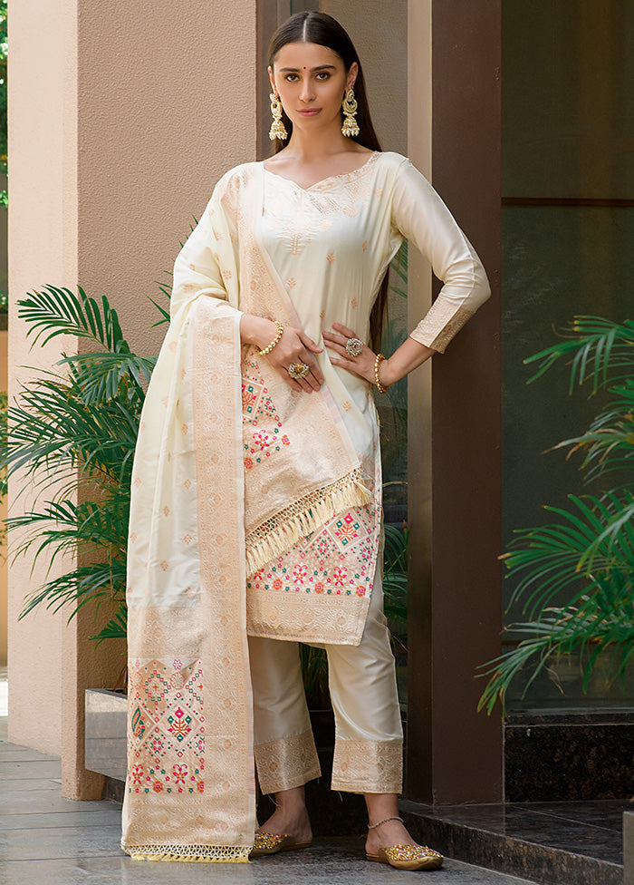 3 Pc Off White Unstitched Silk Suit Set