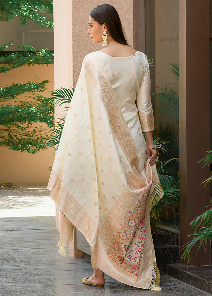 3 Pc Off White Unstitched Silk Suit Set