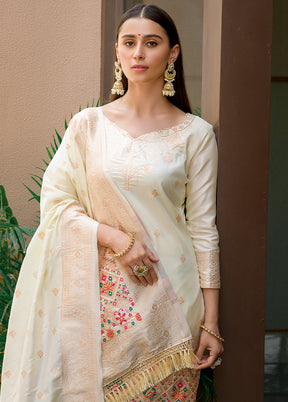 3 Pc Off White Unstitched Silk Suit Set