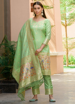 3 Pc Pista Green Unstitched Silk Suit Set