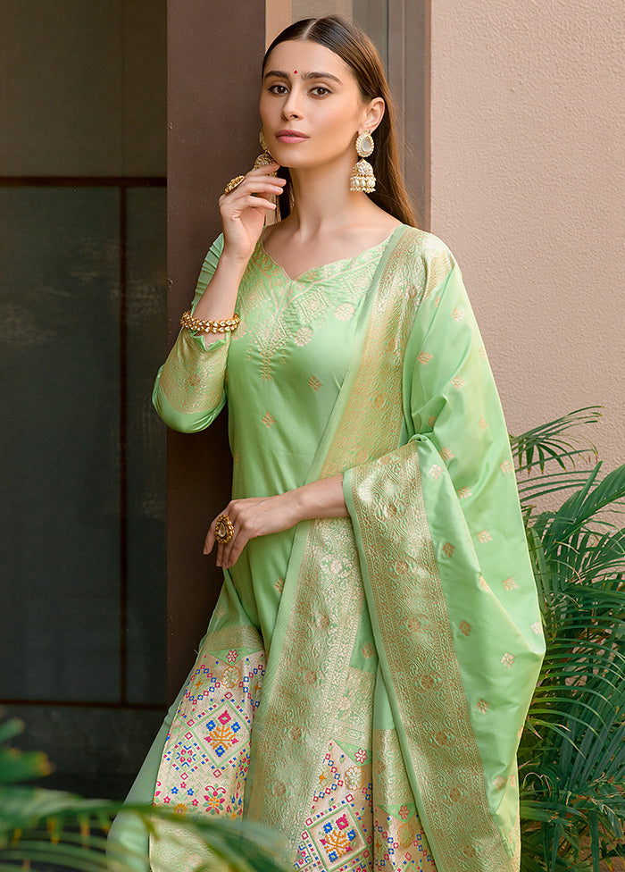 3 Pc Pista Green Unstitched Silk Suit Set