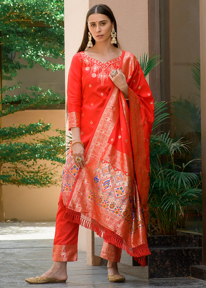 3 Pc Red Unstitched Silk Suit Set