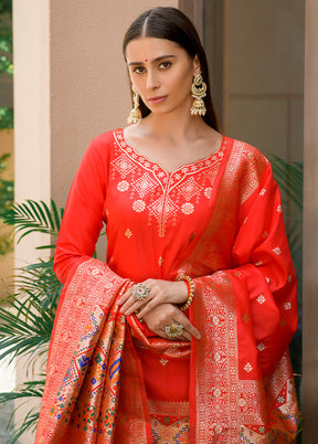 3 Pc Red Unstitched Silk Suit Set