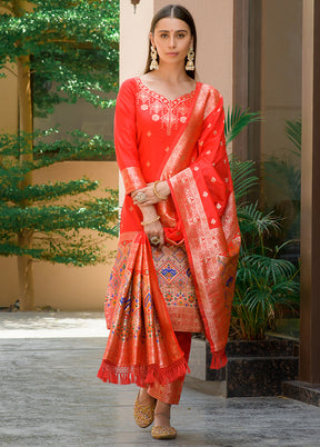 3 Pc Red Unstitched Silk Suit Set