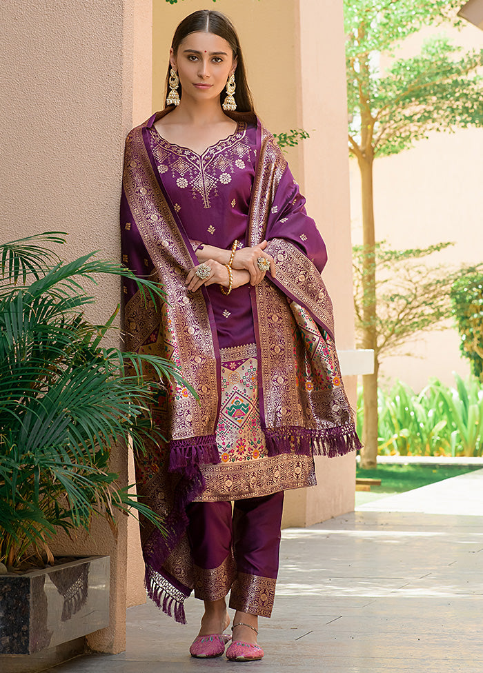 3 Pc Wine Unstitched Silk Suit Set