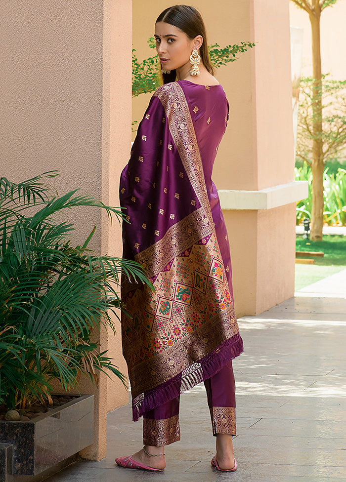 3 Pc Wine Unstitched Silk Suit Set