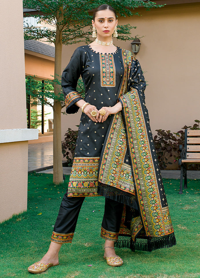 3 Pc Black Unstitched Silk Suit Set