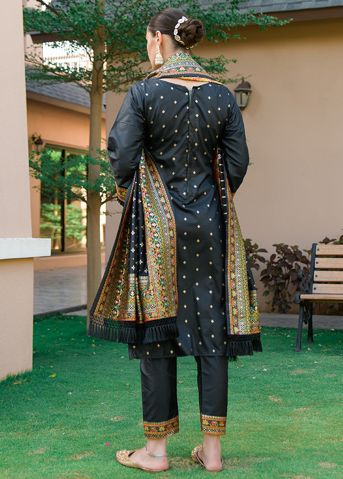 3 Pc Black Unstitched Silk Suit Set