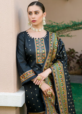 3 Pc Black Unstitched Silk Suit Set